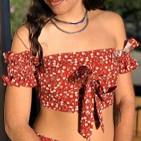 SHEIN? Rust Red White Floral Off the Shoulder Tie Bow Smocked Back Boho Crop Top - Picture 1 of 11